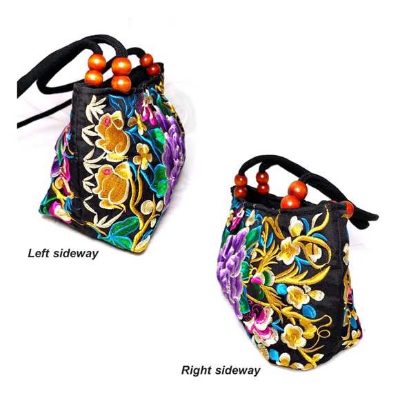 Embroidery Satchel Floral Rabbits Black Purple Canvas Tote Zip Top Handle Lined - Picture 7 of 12